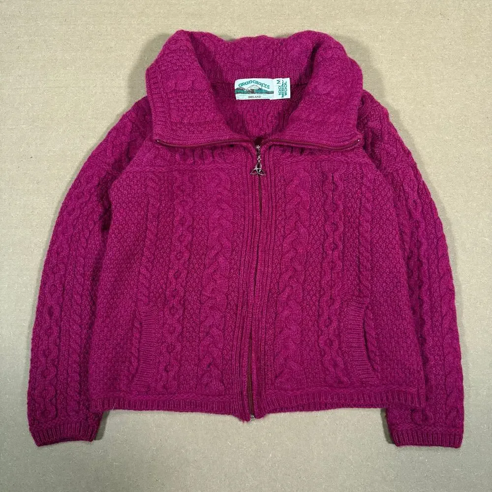 Vintage Pink Merino Wool Zip Knit Sweater Jacket Ireland Women’s Cropped Fit XS